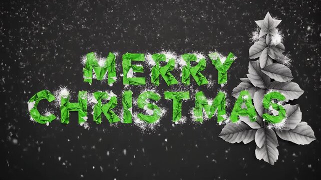 Eco-friendly Merry Christmas typography with a tree made of natural leaves and snow on a dark background