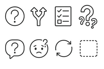 Problem-solving Icon Set. Problem-solving cues linear icon set: query icon, decision fork, checklist gap, abstract riddle mark, inquiry bubble, confused emoji outline, rotating