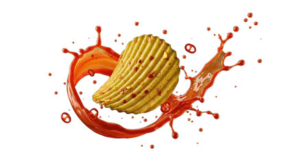 Fluted Potato Chip with Red Chili Splash and Slices Against Dark Background