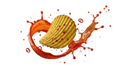 Fluted Potato Chip with Red Chili Splash and Slices Against Dark Background