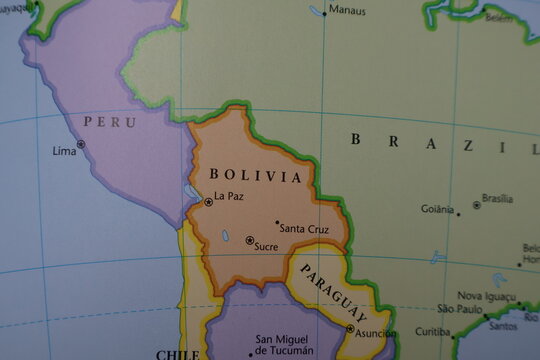 Peru and Bolivia Political Map Close-up: South American Andes Region. Geography Borders of La Paz, Lima and Amazon Basin on Educational Atlas