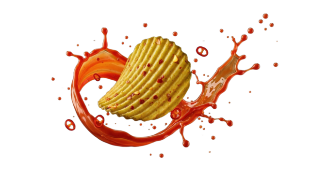 Fluted Potato Chip with Red Chili Splash and Slices Against Dark Background