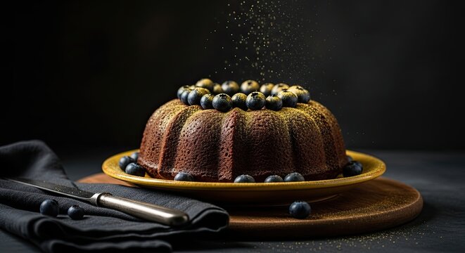 An elegant chocolate bundt cake decorated with fresh blueberries and shimmering gold dust, presented on a wooden board against a dark, moody background for a luxurious feel