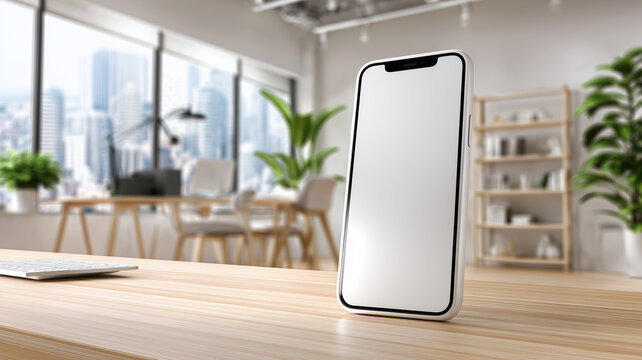 Modern smartphone showcased in a stylish office workspace with city views