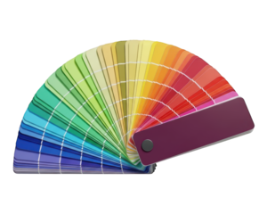 Vibrant color swatch guide fan displays an extensive spectrum of hues against a dark background