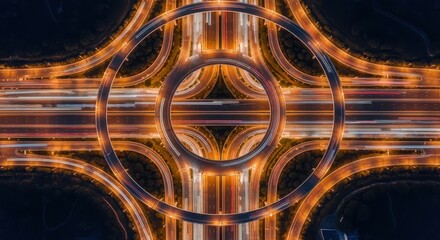 Urban highway interchange at night with vehicle light trails