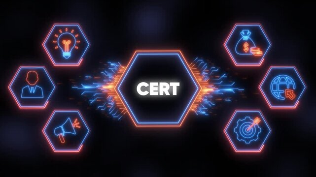 Neon Hexagons With CERT Text And Business Icons On Dark Background CERT certificate