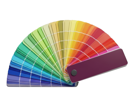 Vibrant color swatch guide fan displays an extensive spectrum of hues against a dark background