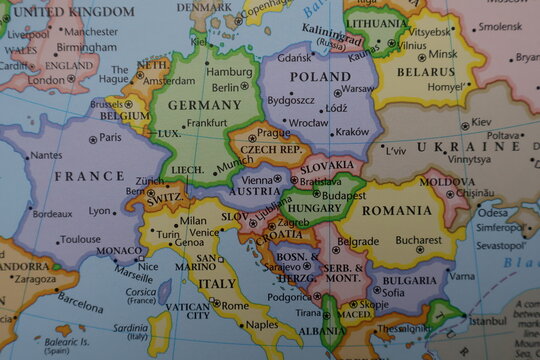 Map of Europe from Germany to Ukraine: Political Borders of Central and Eastern European Nations. Educational Geography Background Showing NATO and EU Territories