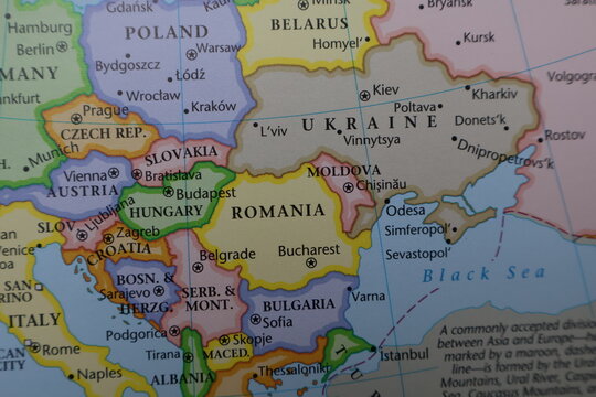 Southeast Europe Political Map Close-up: Romania, Hungary, Ukraine and Balkan Borders. Geography of Black Sea Region and Danube Basin on Educational Atlas