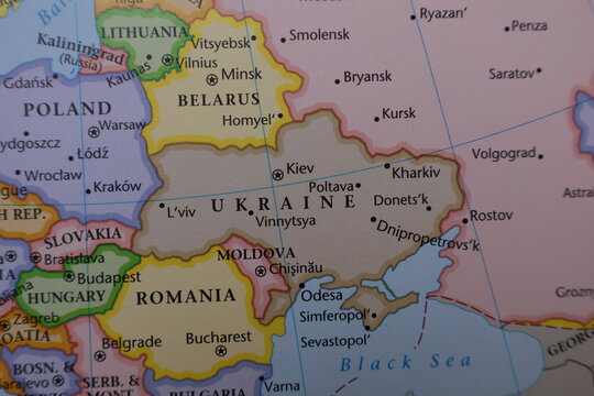 Eastern Europe Political Map Close-up: Ukraine, Belarus and Poland Borders with Russia. Geography of Conflict Zone and Capital City Kyiv on Educational Paper Atlas