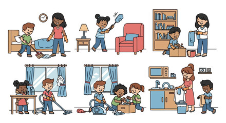 Set of diverse children helping with household chores, cleaning rooms, doing laundry, and learning domestic responsibilities together