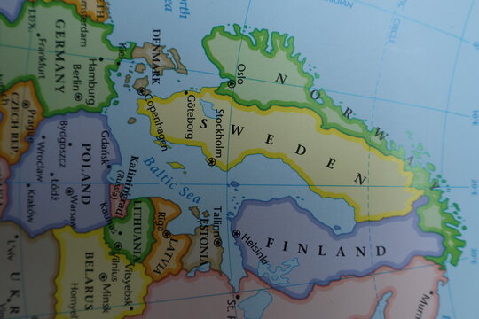 Northern Europe Political Map: Sweden, Norway, Finland and Denmark Geography. Close-up of Scandinavian Peninsula and Baltic Sea Region on Educational Atlas