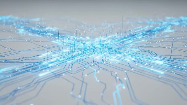 Dynamic data flow on light grey background with thin blue lines for technology