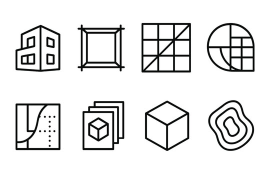 Architectural Blueprint Icons. Blueprints themes linear icon set: architectural block, structural frame, layout module, geometric overlay, planning curve, design layer, concept box