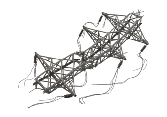 Collapsed metallic electricity transmission tower structure isolated against a dark background