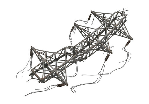 Collapsed metallic electricity transmission tower structure isolated against a dark background