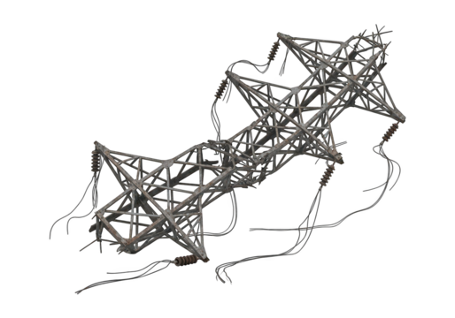 Collapsed metallic electricity transmission tower structure isolated against a dark background