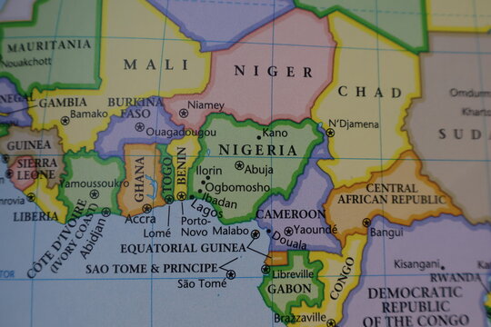 Detailed political map closeup highlighting the Gulf of Guinea coast, including Nigeria, Ghana, Ivory Coast, Togo, and Benin. This region is strategic for maritime shipping, commerce and economy 