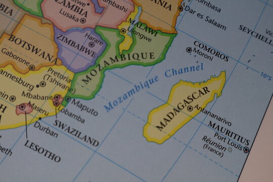 Detailed political map closeup of the island of Madagascar, the Mozambique Channel, and surrounding islands like Mauritius and Comoros. This image highlights unique biodiversity and oceanic geography 