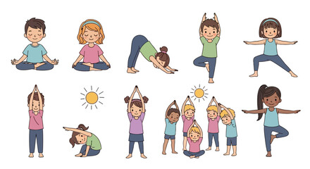 Happy kids engaged in a variety of yoga poses, promoting flexibility, mindfulness, and healthy active lifestyles for children