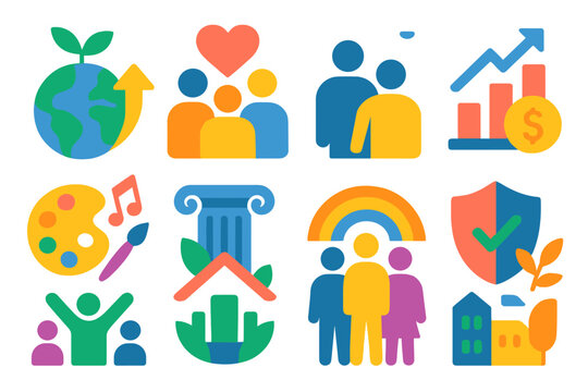 Modern Growth Icons. Societal growth patterns themes flat icon set: sustainable development, social cohesion, economic resilience, cultural enrichment, technological advancement