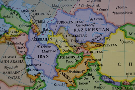 Detailed political map closeup of Southwest Asia and the Middle East, highlighting Iran, Iraq, the Arabian Peninsula, and the Caucasus nations. This area is critical for global energy supply and trade
