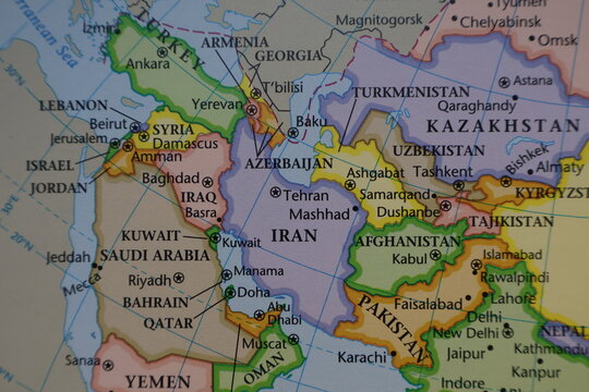 Detailed political map closeup of the Middle East and Caucasus region, featuring Turkey, Syria, Israel, Iran, Iraq, Saudi Arabia, Kuwait, Lebanon, Qatar, and major cities like Tehran, Baghdad