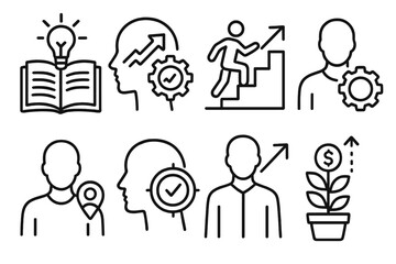 Career Growth Icons. Personal growth in careers themes linear icon set: continuous learning, professional development, strategic advancement, self-improvement, career alignment