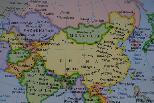 Detailed political map closeup centered on the Indian Subcontinent, China, and Southeast Asia. The image highlights key borders and major cities like New Delhi, Bangkok, and Dhaka, vital for trade 