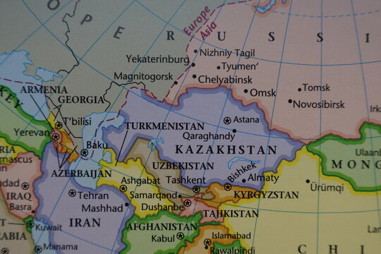 Detailed political map closeup of Central Asia and Southern Russia, featuring Kazakhstan, Uzbekistan, Turkmenistan, Kyrgyzstan, Tajikistan, Afghanistan, and major Russian cities like Omsk
