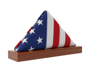 National banner meticulously folded into a triangle shape rests upon a wooden stand against a dark background