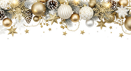 Fototapeta premium A festive Christmas border with elegant gold and white ornaments, sparkling stars, and frosted pinecones.