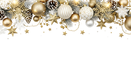 A festive Christmas border with elegant gold and white ornaments, sparkling stars, and frosted pinecones.