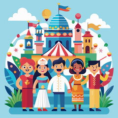  multicultural festival scene, flat design, editable characters
