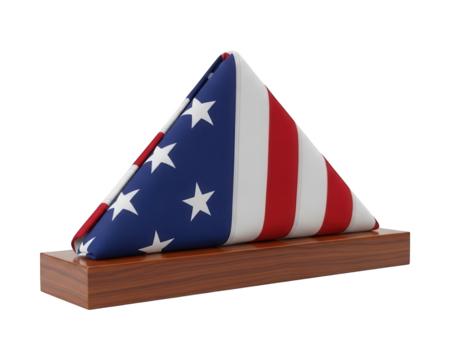 National banner meticulously folded into a triangle shape rests upon a wooden stand against a dark background