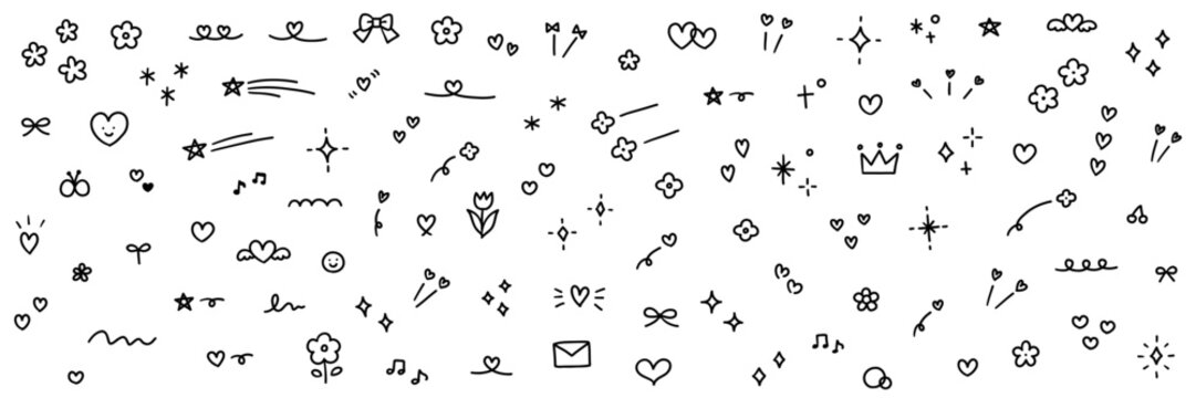 手書きの飾りイラストのベクターイラストセット。手描き、星、花、落書き、ハート、キラキラ
