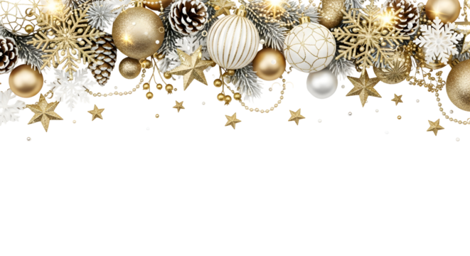 A festive Christmas border with elegant gold and white ornaments, sparkling stars, and frosted pinecones.