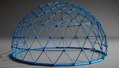 Geodesic Dome Structure with Blue Metal Rods and Spherical Connectors on Gray Background