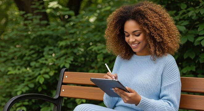 A happy young woman with beautiful curly hair sitting on a bench in a lush green park, smiling as she creatively draws or writes on a digital tablet with a stylus pen