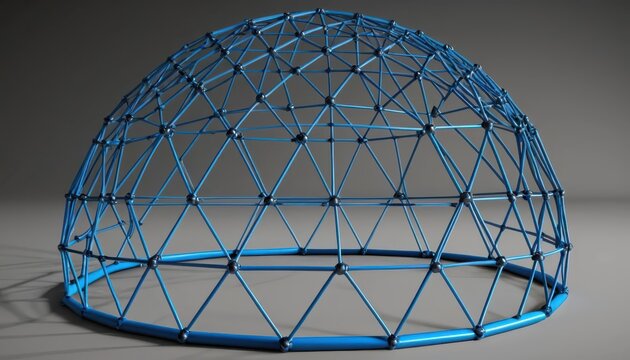 Geodesic Dome Structure with Blue Metal Rods and Spherical Connectors on Gray Background - Powered by Adobe