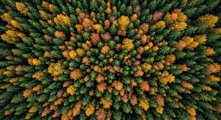 Stunning aerial top-down view of a dense mixed forest in autumn, showcasing a vibrant tapestry of green pine trees and golden yellow deciduous treetops