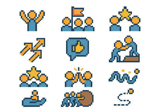 Pixel Art Team Icons. Team Motivation Icons pixel style icon set: group cheer, shared goal flag, unity spark, aligned arrows, encouragement bubble, collaboration lift, team star