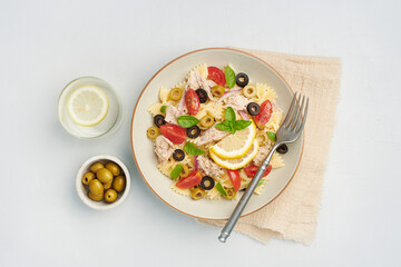 Tuna Pasta Salad on light background, flat lay