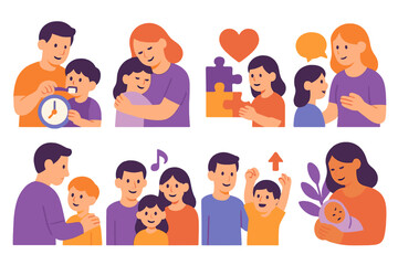 Modern Parenting Icons. Parenting strategies themes flat icon set: healthy routines, emotional regulation, collaborative problem-solving, open communication, consistent guidance