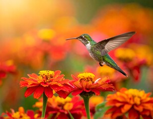 Fototapeta premium Hummingbird hovering near vivid red flowers with a blurred background of colorful foliage