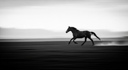 Elegant black horse running at full speed through a minimalist landscape, captured with a panning motion blur technique for a dynamic and artistic black and white image