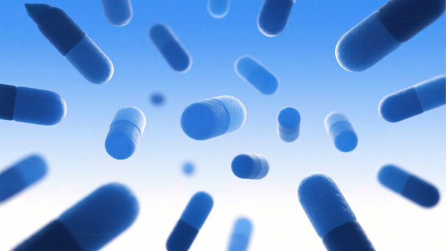 Floating blue and white capsules in sky - Powered by Adobe