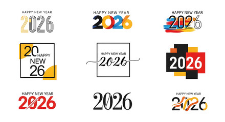 A collection of modern &ldquo;Happy New Year 2026&rdquo; typographic designs featuring bold fonts, colorful accents, abstract shapes, brush strokes, and minimal line art styles.