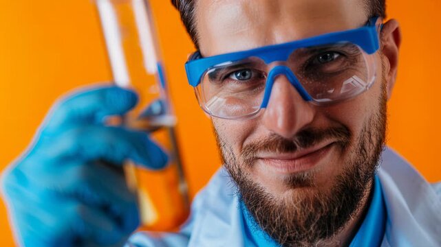 Caucasian scientist inspects orange solution in laboratory wearing blue gloves and safety goggles, holding Erlenmeyer flask up to light with focused expression,
